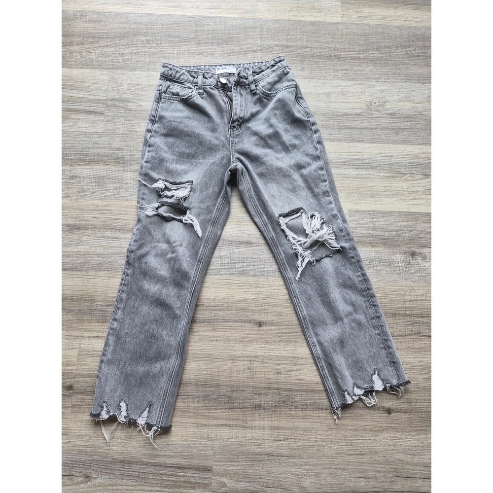 Bayeas Los Angeles Grey Distressed Straight Leg Jeans High Rise Size 25 BYT5004